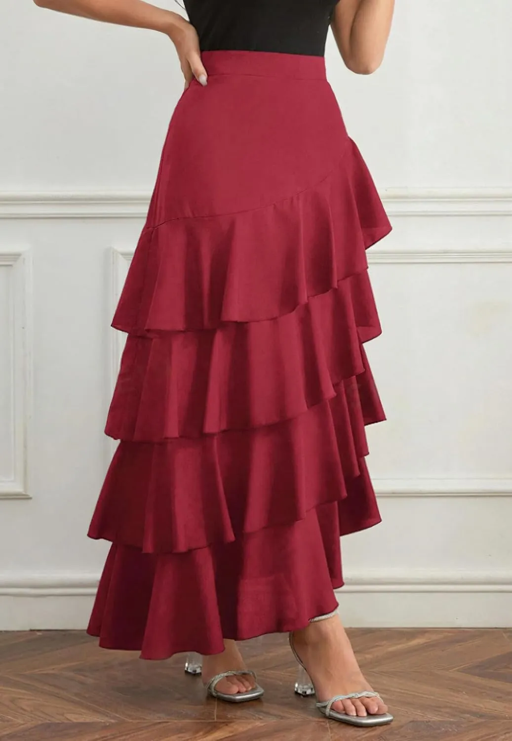 chouyatou Women's Elegant Irregular Ruffle Hem Skirt Party Tiered Layered Maxi Long Skirt