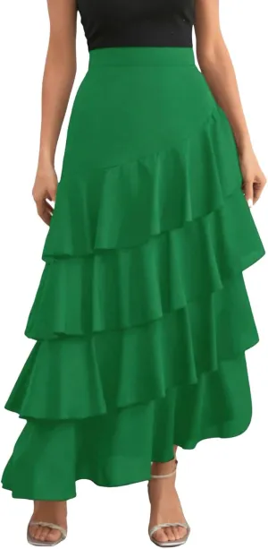 chouyatou Women's Elegant Irregular Ruffle Hem Skirt Party Tiered Layered Maxi Long Skirt
