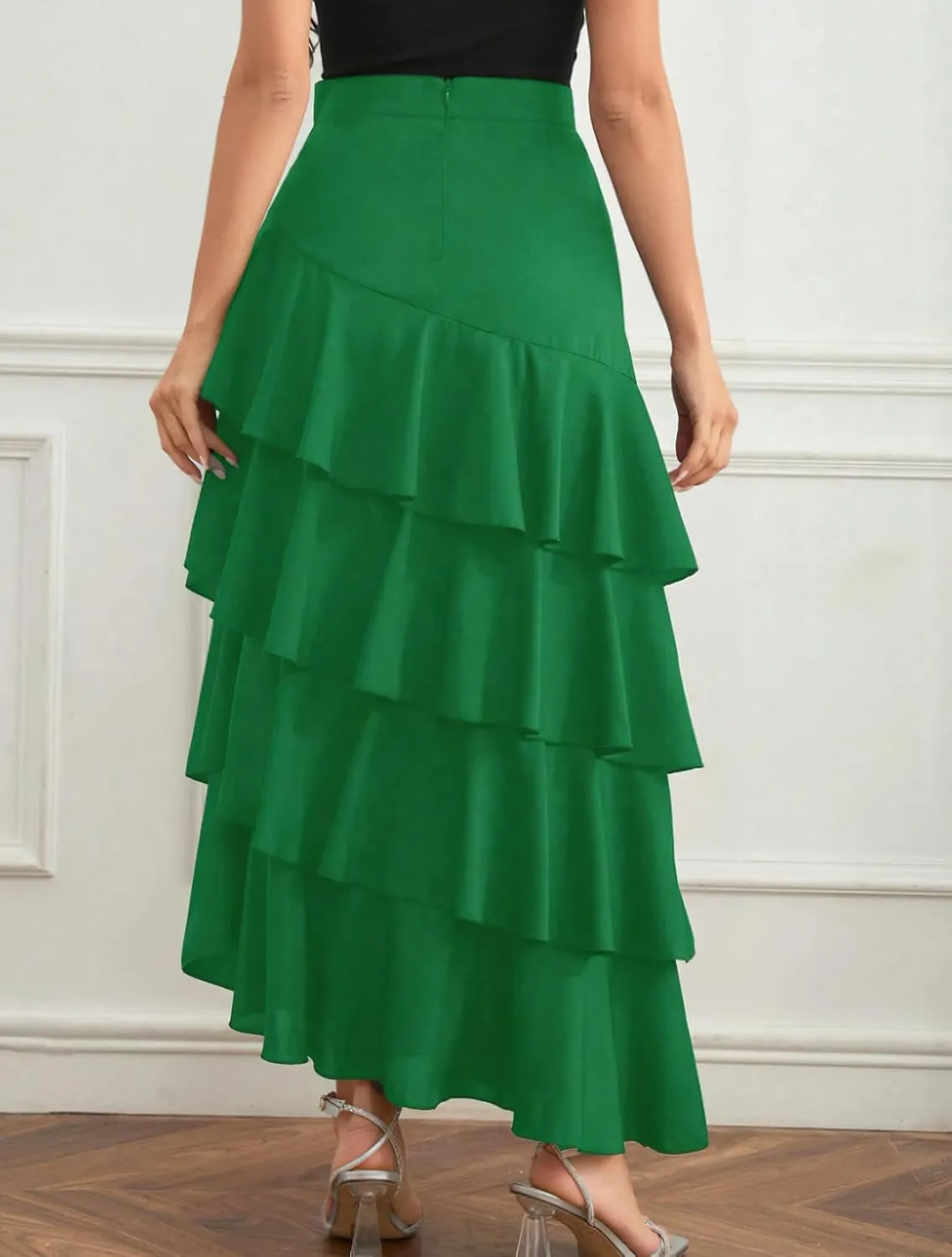 chouyatou Women's Elegant Irregular Ruffle Hem Skirt Party Tiered Layered Maxi Long Skirt