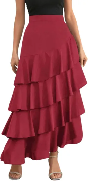 chouyatou Women's Elegant Irregular Ruffle Hem Skirt Party Tiered Layered Maxi Long Skirt