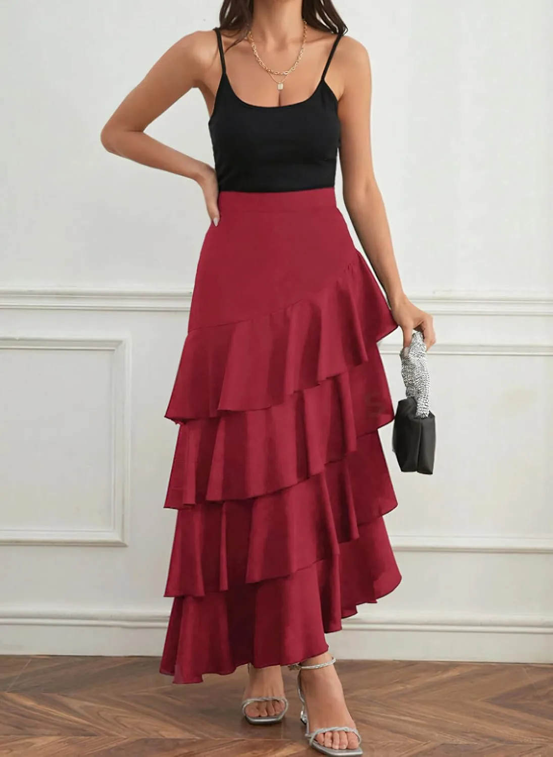 chouyatou Women's Elegant Irregular Ruffle Hem Skirt Party Tiered Layered Maxi Long Skirt