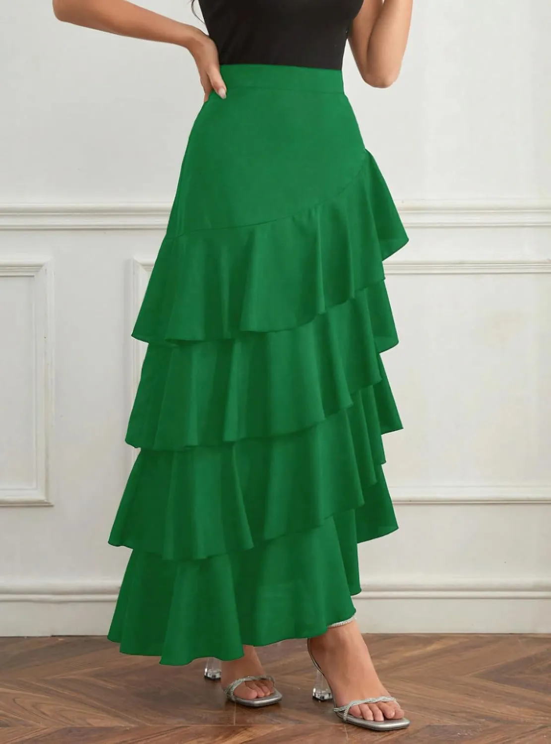 chouyatou Women's Elegant Irregular Ruffle Hem Skirt Party Tiered Layered Maxi Long Skirt