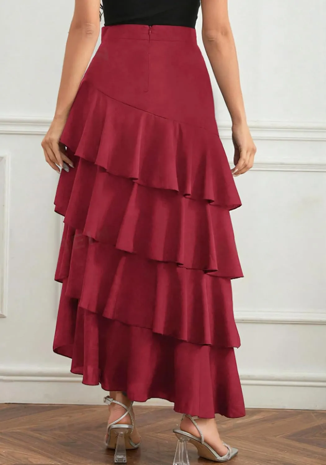 chouyatou Women's Elegant Irregular Ruffle Hem Skirt Party Tiered Layered Maxi Long Skirt
