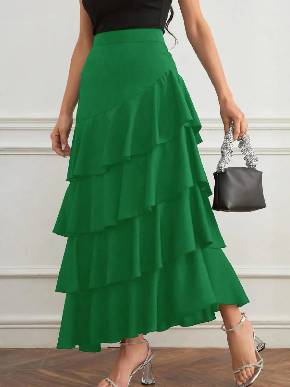 chouyatou Women's Elegant Irregular Ruffle Hem Skirt Party Tiered Layered Maxi Long Skirt