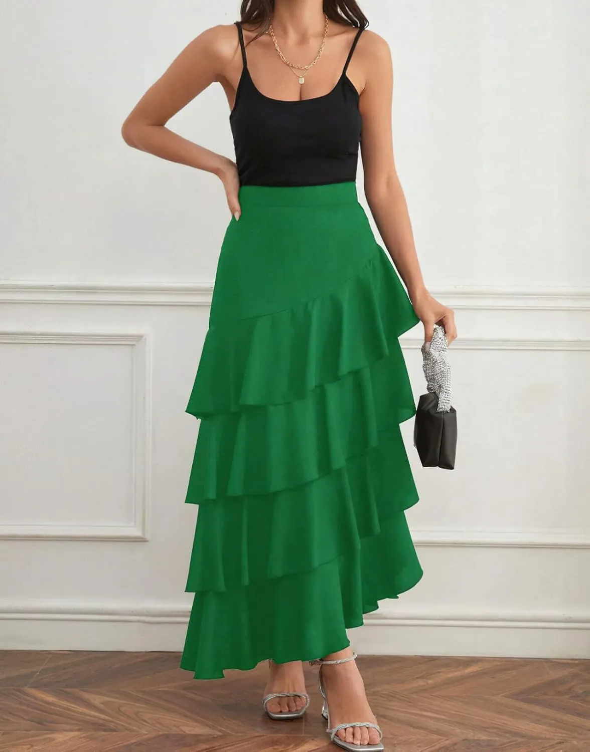 chouyatou Women's Elegant Irregular Ruffle Hem Skirt Party Tiered Layered Maxi Long Skirt