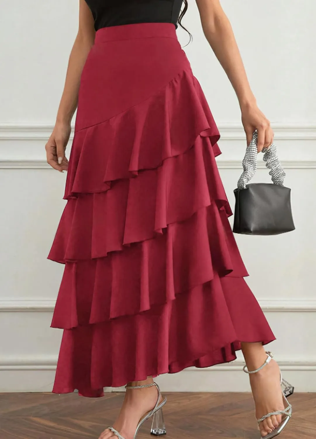 chouyatou Women's Elegant Irregular Ruffle Hem Skirt Party Tiered Layered Maxi Long Skirt