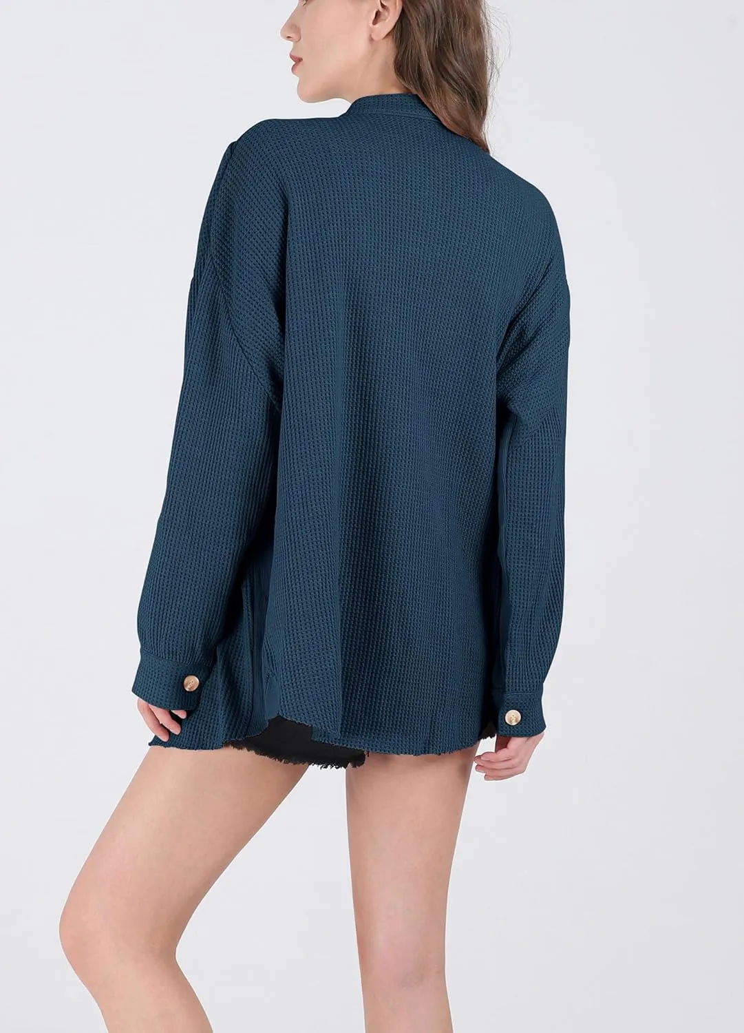 chouyatou Women's Loose Fit Batwing Sleeve Waffle Knit Button Down Shirt Shacket Tops