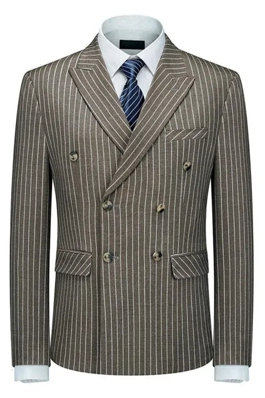 Coffee Double Breasted Striped Two Pieces Men Suits Peaked Lapel for Wedding
