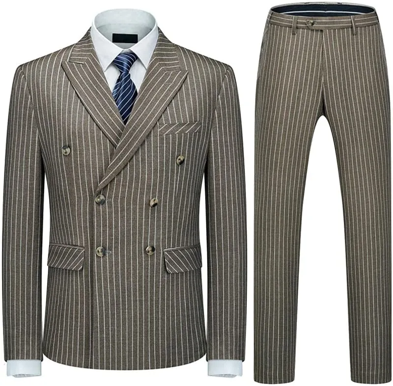 Coffee Double Breasted Striped Two Pieces Men Suits Peaked Lapel for Wedding