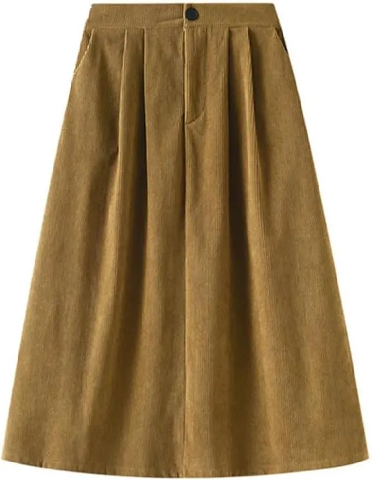 Corduroy Pleated Winter Women Midi Skirts High Waist Solid Korean Style Draped A-Line Umbrella Skirt