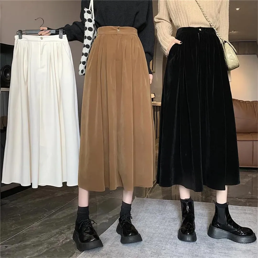 Corduroy Pleated Winter Women Midi Skirts High Waist Solid Korean Style Draped A-Line Umbrella Skirt