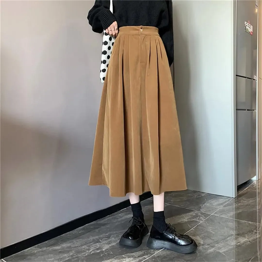 Corduroy Pleated Winter Women Midi Skirts High Waist Solid Korean Style Draped A-Line Umbrella Skirt