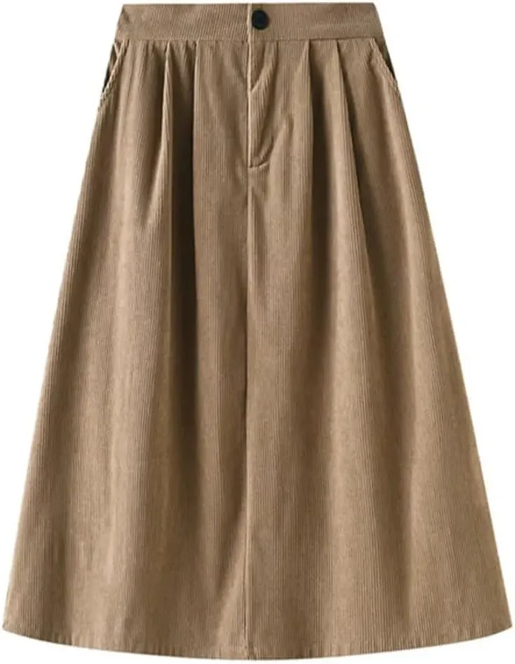 Corduroy Pleated Winter Women Midi Skirts High Waist Solid Korean Style Draped A-Line Umbrella Skirt