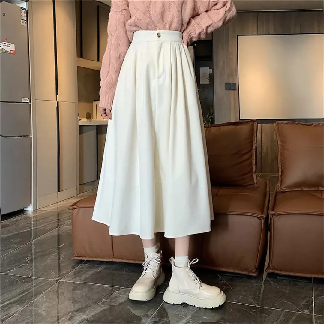 Corduroy Pleated Winter Women Midi Skirts High Waist Solid Korean Style Draped A-Line Umbrella Skirt