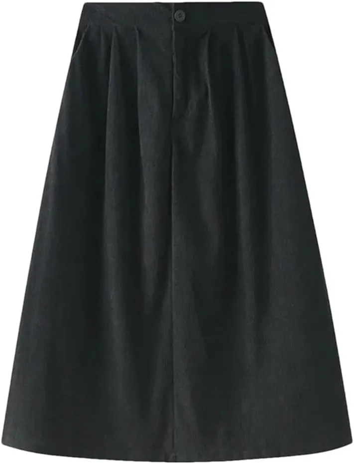 Corduroy Pleated Winter Women Midi Skirts High Waist Solid Korean Style Draped A-Line Umbrella Skirt