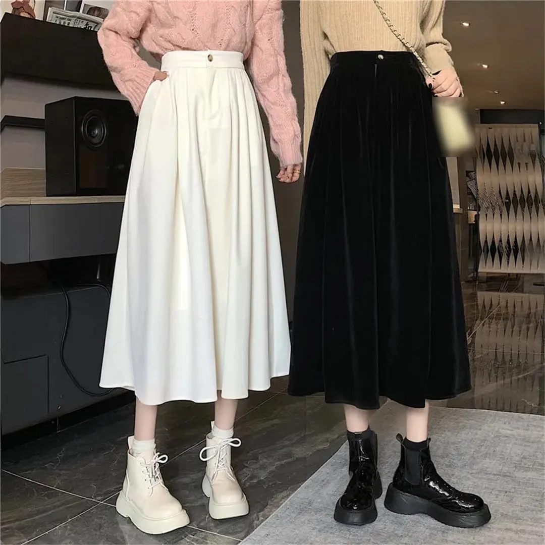 Corduroy Pleated Winter Women Midi Skirts High Waist Solid Korean Style Draped A-Line Umbrella Skirt
