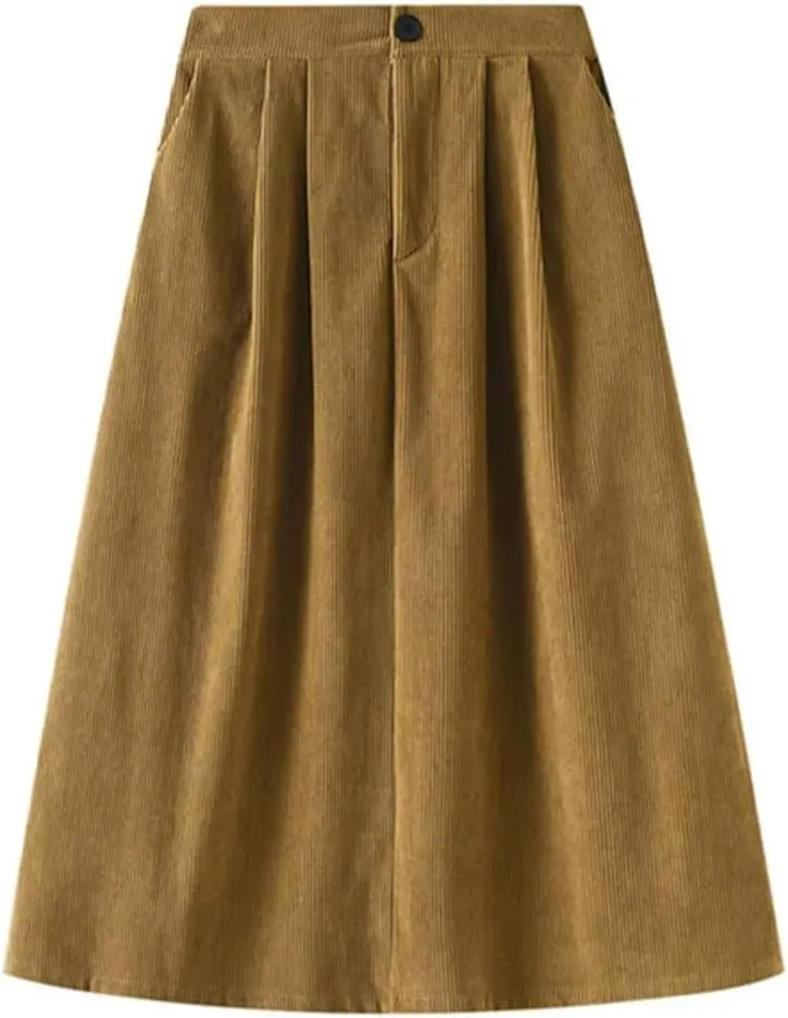Corduroy Pleated Winter Women Midi Skirts High Waist Solid Korean Style Draped A-Line Umbrella Skirt