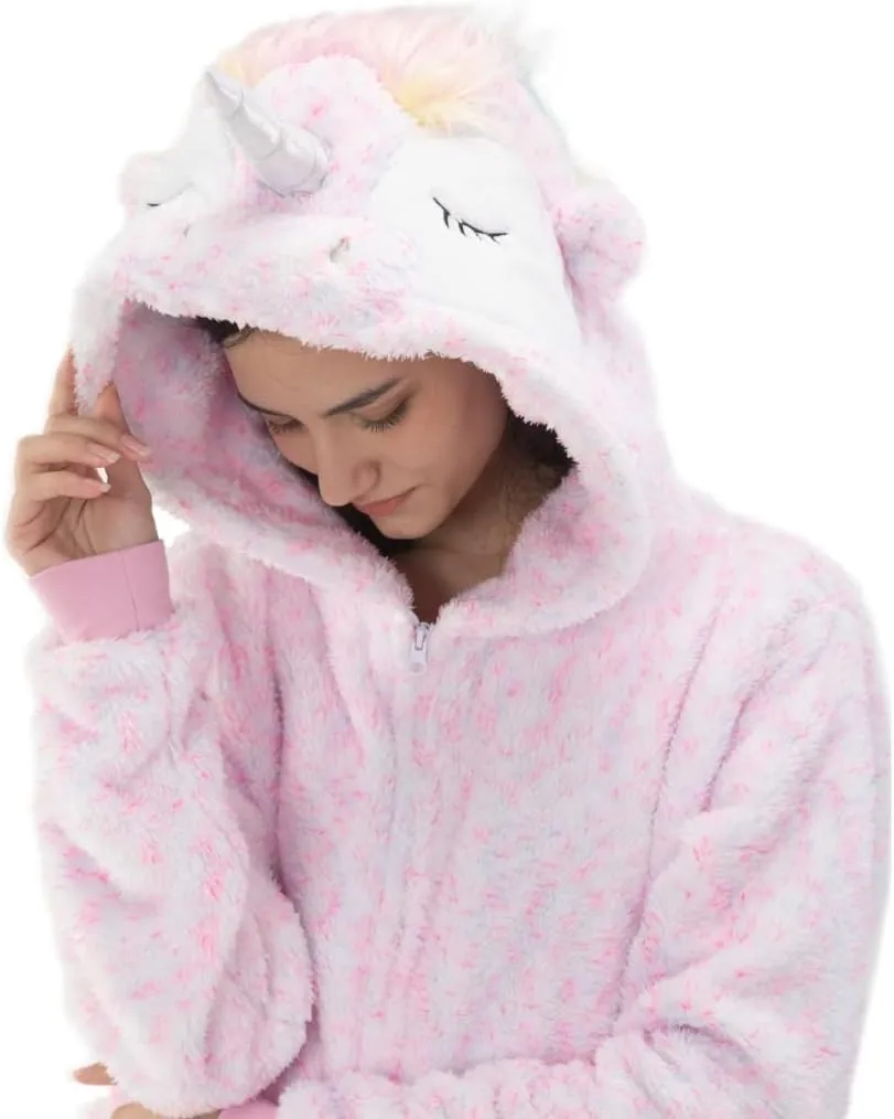 COSUSKET Unicorn Oneise for Women, Sherpa Animal Costume One Piece Pajamas Halloween Cosplay