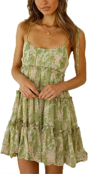 crazynekos Women's Spaghetti Strap Dresses Scoop Neck Bow Backless Sleeveless Elastic Waist Ruffle Hem A-Line Casual Mini Dress (Green Floral,L,Large,Regular,Regular)