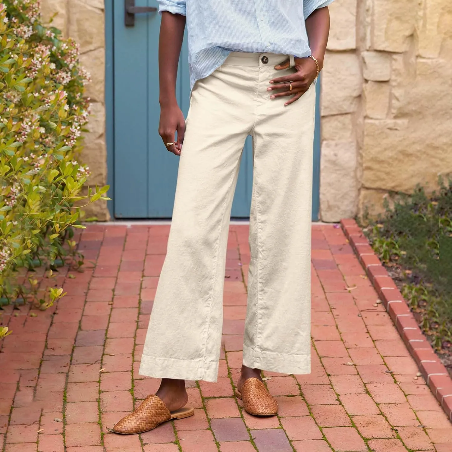 Cropped Linen Pants Women Summer Elastic High Waisted Dress Pants Business Casual Button Down Work Pants with Pockets