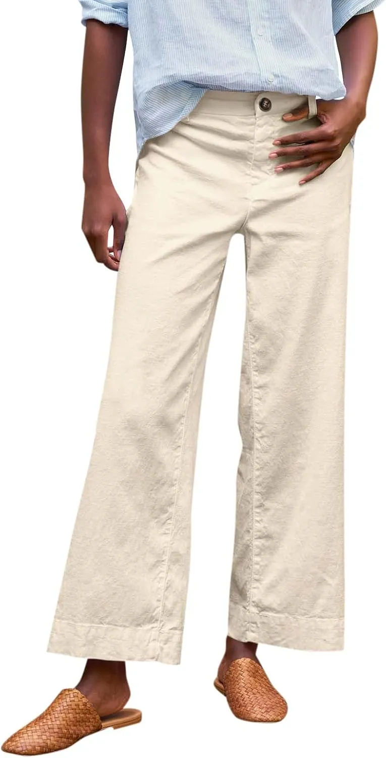 Cropped Linen Pants Women Summer Elastic High Waisted Dress Pants Business Casual Button Down Work Pants with Pockets