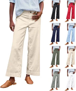 Cropped Linen Pants Women Summer Elastic High Waisted Dress Pants Business Casual Button Down Work Pants with Pockets