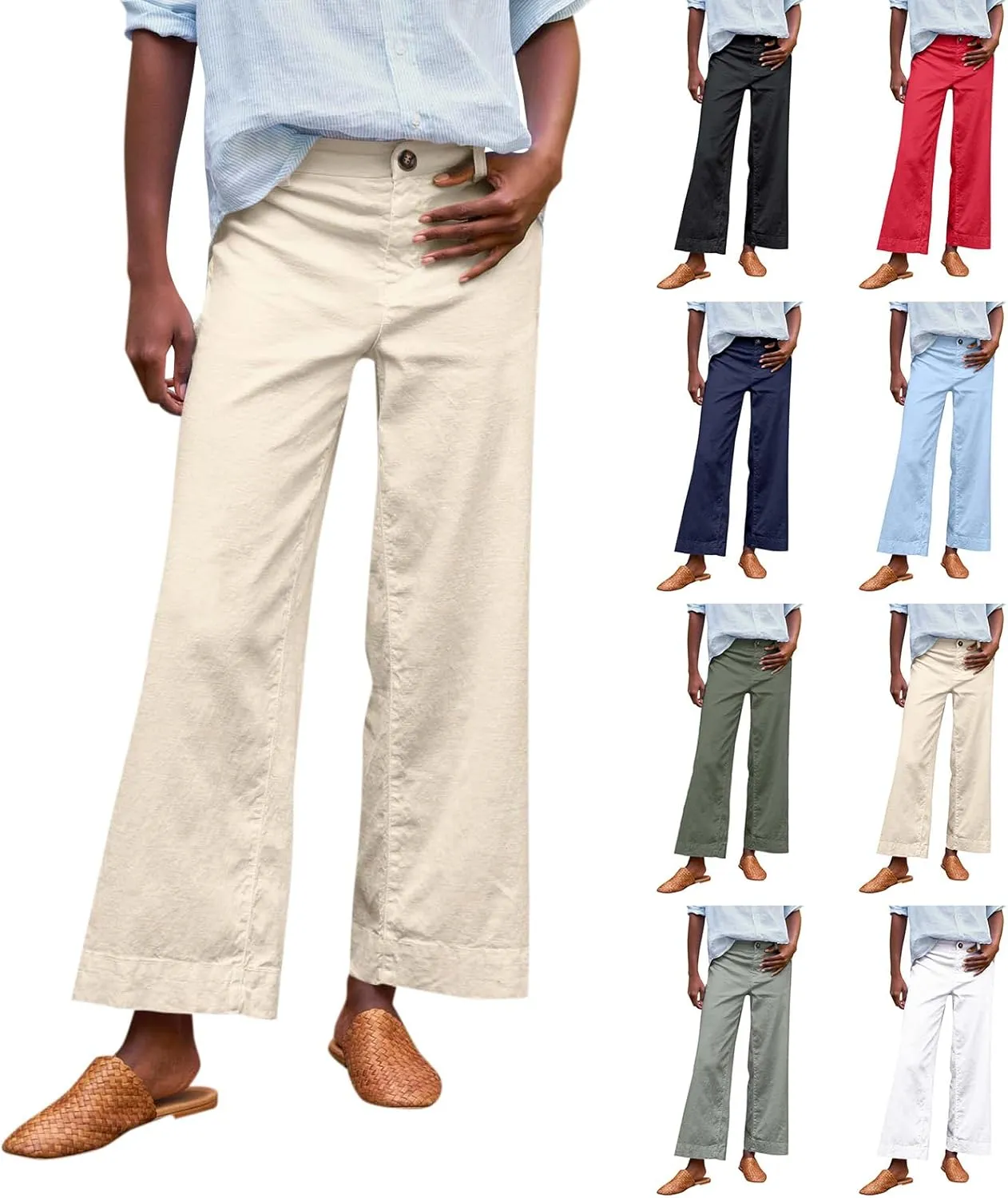 Cropped Linen Pants Women Summer Elastic High Waisted Dress Pants Business Casual Button Down Work Pants with Pockets