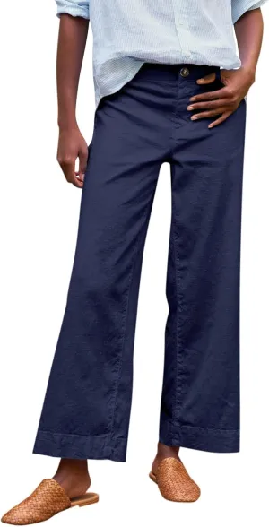 Cropped Linen Pants Women Summer Elastic High Waisted Dress Pants Business Casual Button Down Work Pants with Pockets