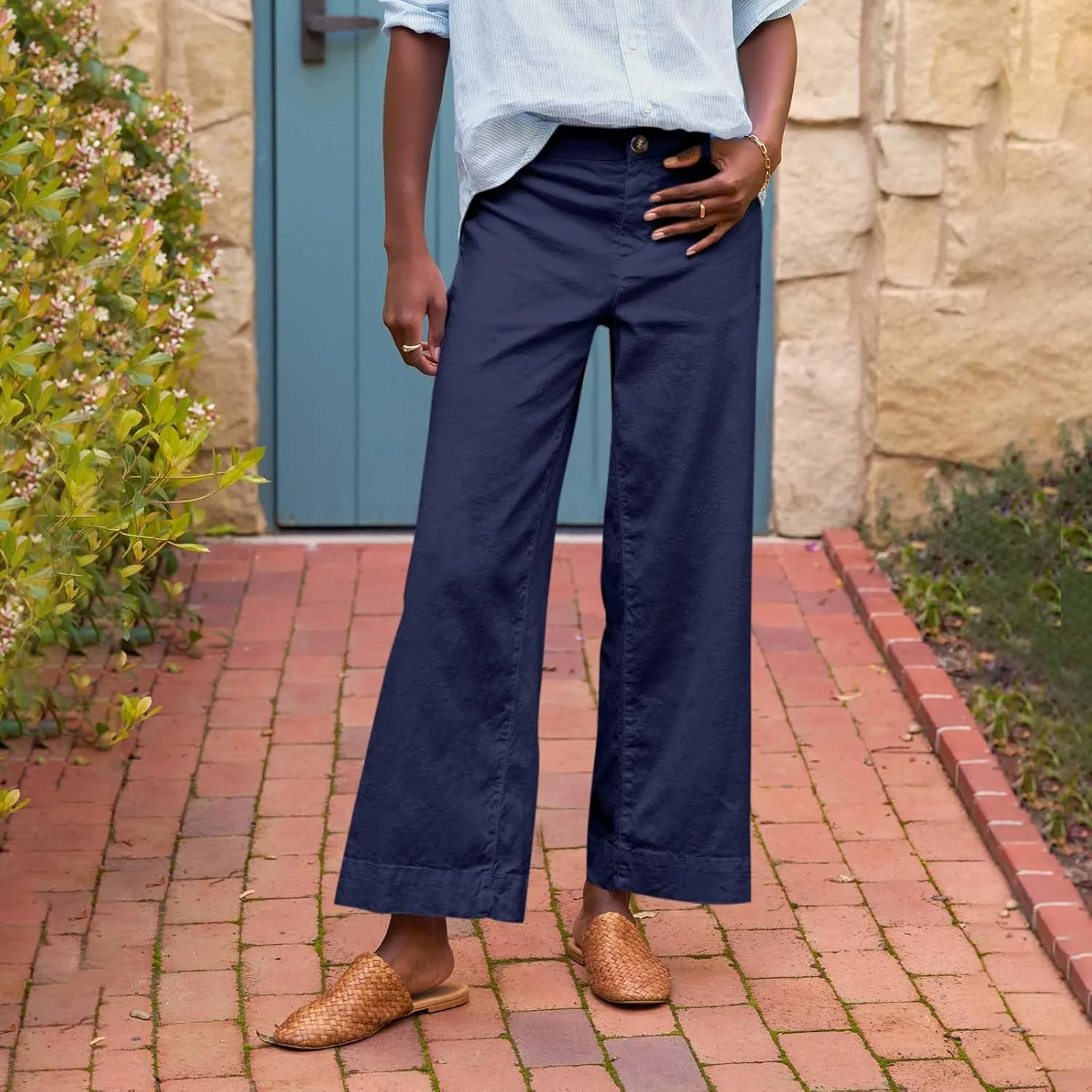 Cropped Linen Pants Women Summer Elastic High Waisted Dress Pants Business Casual Button Down Work Pants with Pockets
