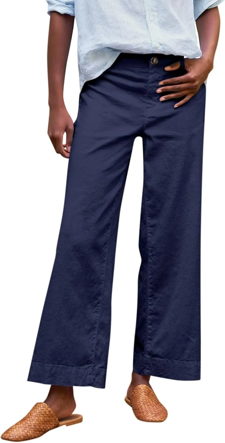 Cropped Linen Pants Women Summer Elastic High Waisted Dress Pants Business Casual Button Down Work Pants with Pockets