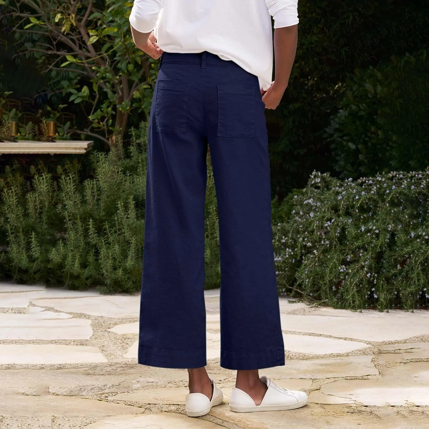 Cropped Linen Pants Women Summer Elastic High Waisted Dress Pants Business Casual Button Down Work Pants with Pockets