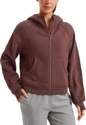 CRZ YOGA Womens Fleece Lined Full Zip Hoodies Oversized Long Sleeve Casual Workout Hooded Sweatshirt with Thumb Holes
