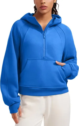 CRZ YOGA Womens Fleece Lined Half Zip Hoodies Pullover Oversized Long Sleeve Casual Workout Sweatshirts with Thumb Holes
