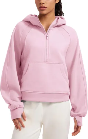 CRZ YOGA Womens Fleece Lined Half Zip Hoodies Pullover Oversized Long Sleeve Casual Workout Sweatshirts with Thumb Holes