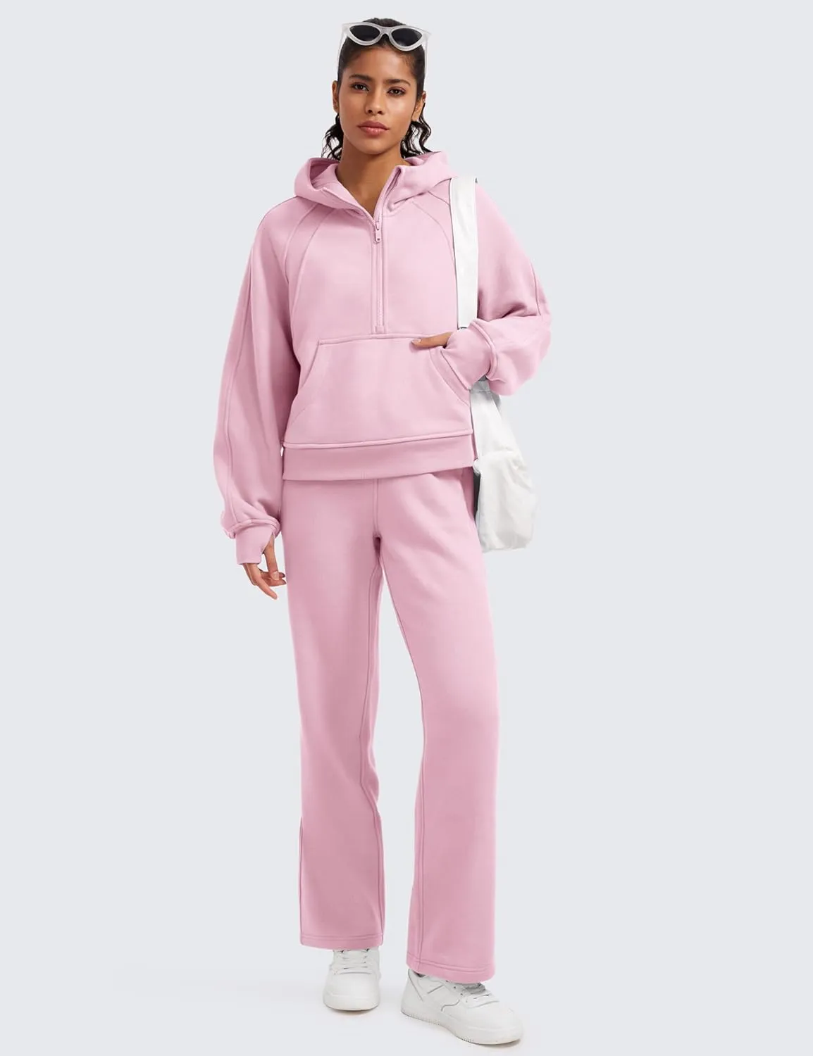 CRZ YOGA Womens Fleece Lined Half Zip Hoodies Pullover Oversized Long Sleeve Casual Workout Sweatshirts with Thumb Holes