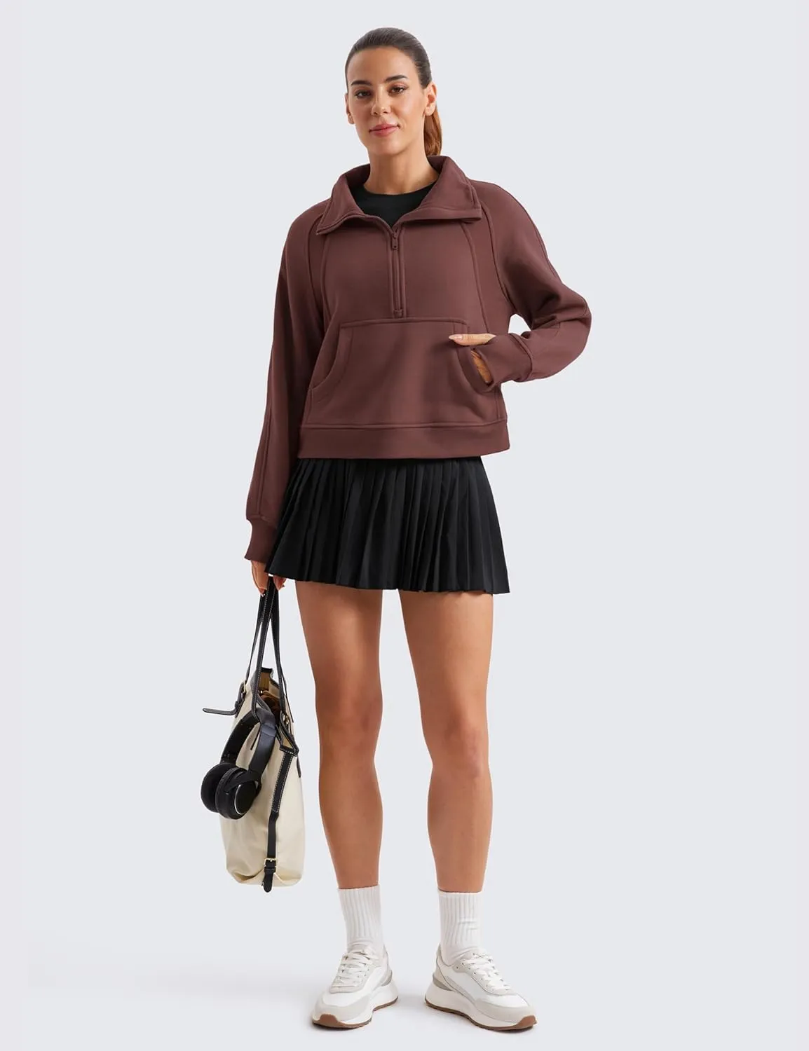 CRZ YOGA Womens Fleece Lined Half Zipper Sweatshirts Funnel Neck Long Sleeve Oversized Pullover Hoodies with Thumb Holes