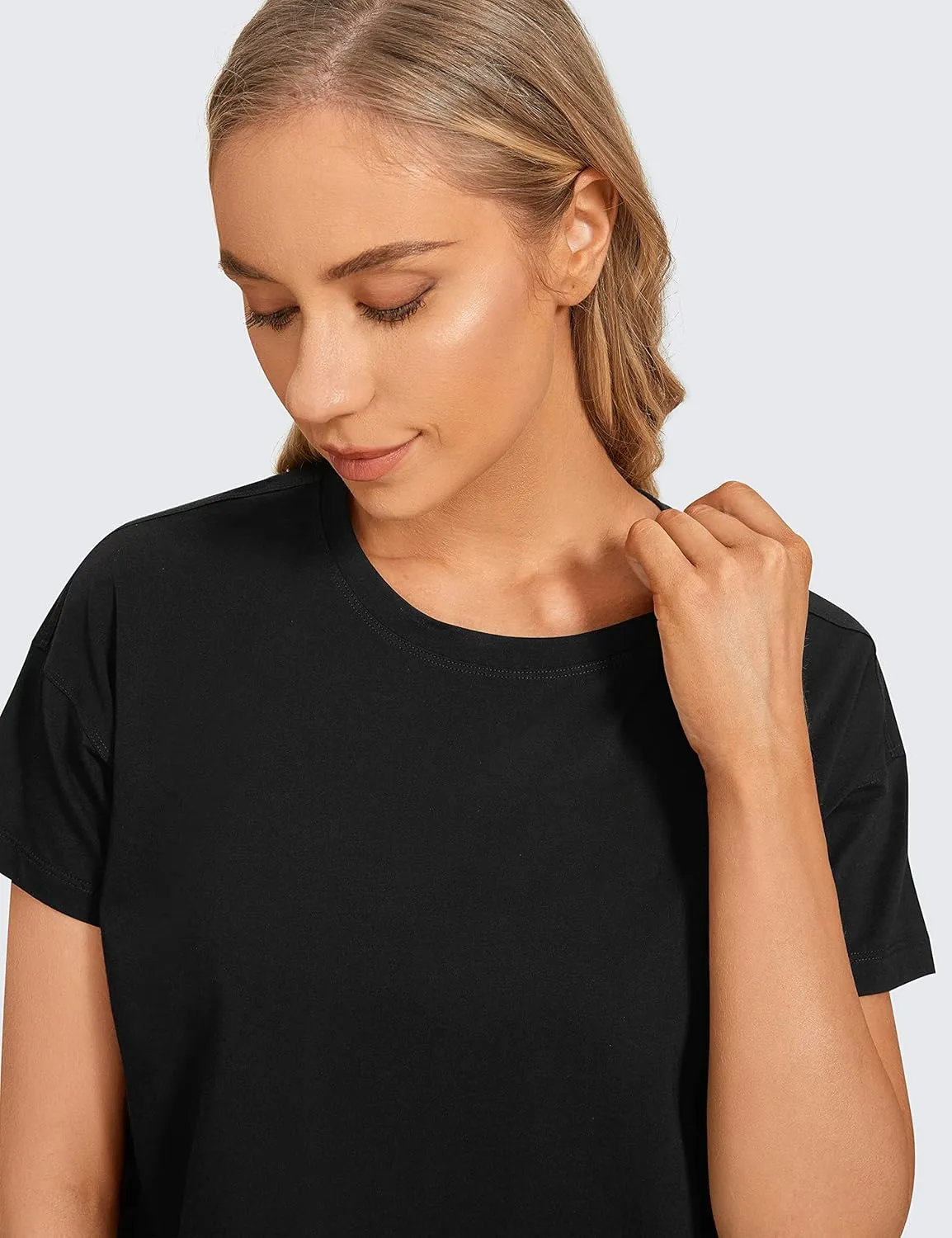 CRZ YOGA Women's Pima Cotton Workout Short Sleeve Shirts Loose Athletic Crop Tops Gym Casual Cropped T-Shirt