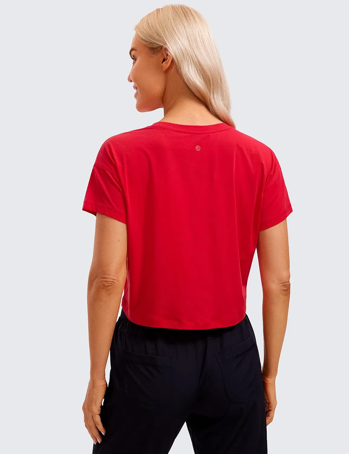 CRZ YOGA Women's Pima Cotton Workout Short Sleeve Shirts Loose Athletic Crop Tops Gym Casual Cropped T-Shirt