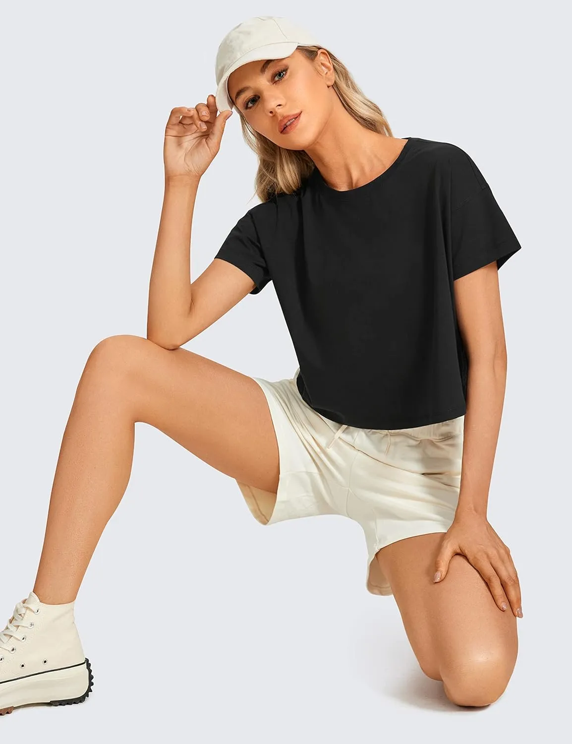 CRZ YOGA Women's Pima Cotton Workout Short Sleeve Shirts Loose Athletic Crop Tops Gym Casual Cropped T-Shirt