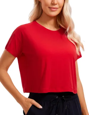 CRZ YOGA Women's Pima Cotton Workout Short Sleeve Shirts Loose Athletic Crop Tops Gym Casual Cropped T-Shirt