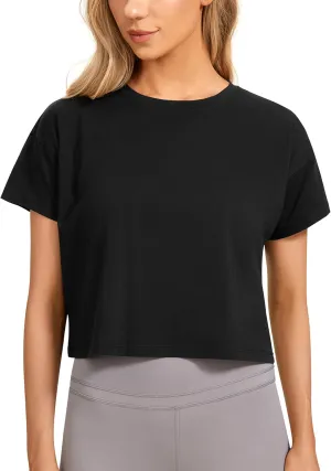 CRZ YOGA Women's Pima Cotton Workout Short Sleeve Shirts Loose Athletic Crop Tops Gym Casual Cropped T-Shirt