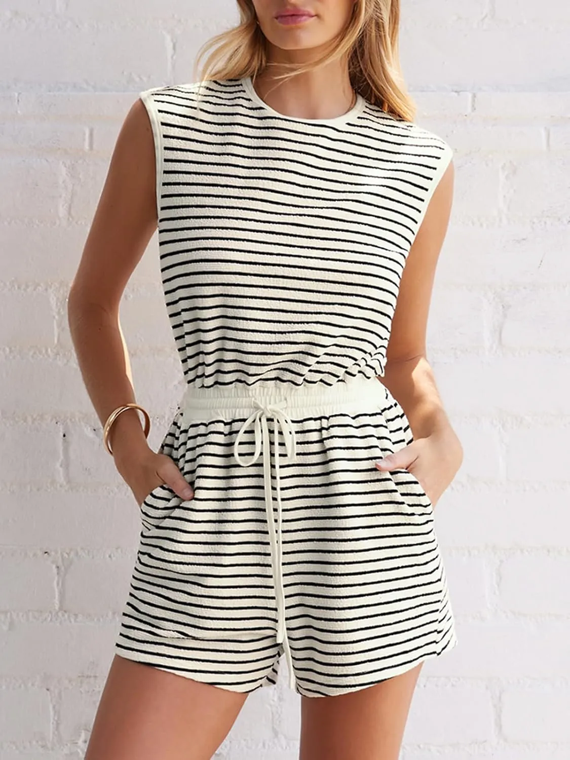CUPSHE Women's Stripes Romper Cap Sleeve Wide Leg Jumpsuit Casual Overall Outfit
