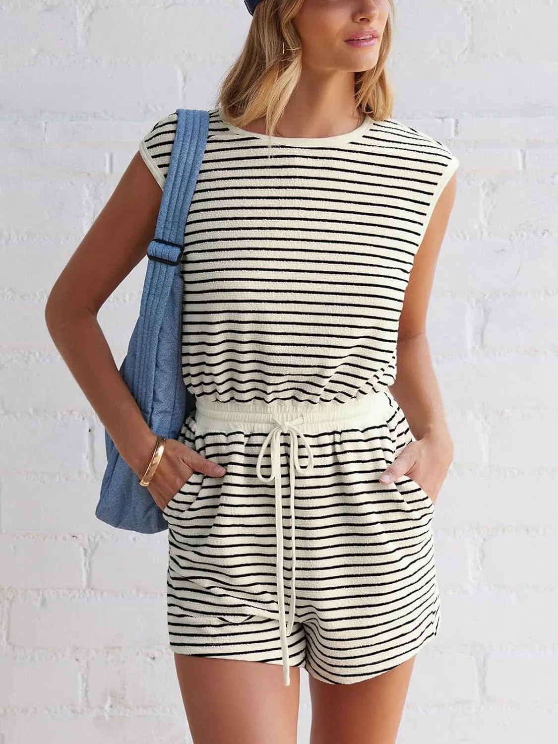 CUPSHE Women's Stripes Romper Cap Sleeve Wide Leg Jumpsuit Casual Overall Outfit