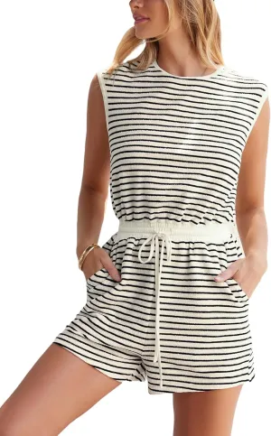 CUPSHE Women's Stripes Romper Cap Sleeve Wide Leg Jumpsuit Casual Overall Outfit