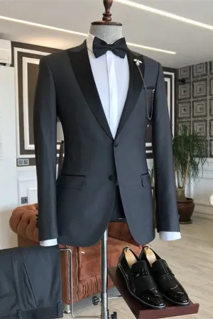 Deep Gray Slim Fit Two Pieces Black Business Suits with Peaked Lapel Wedding Suits