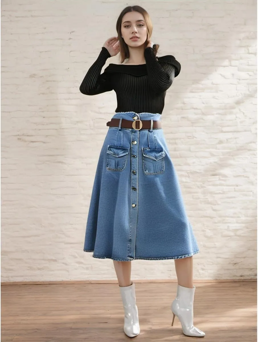 Denim Skirt, Fashionable high Waisted, Age reducing Goddess Slim fit, Medium Length, Free Belt