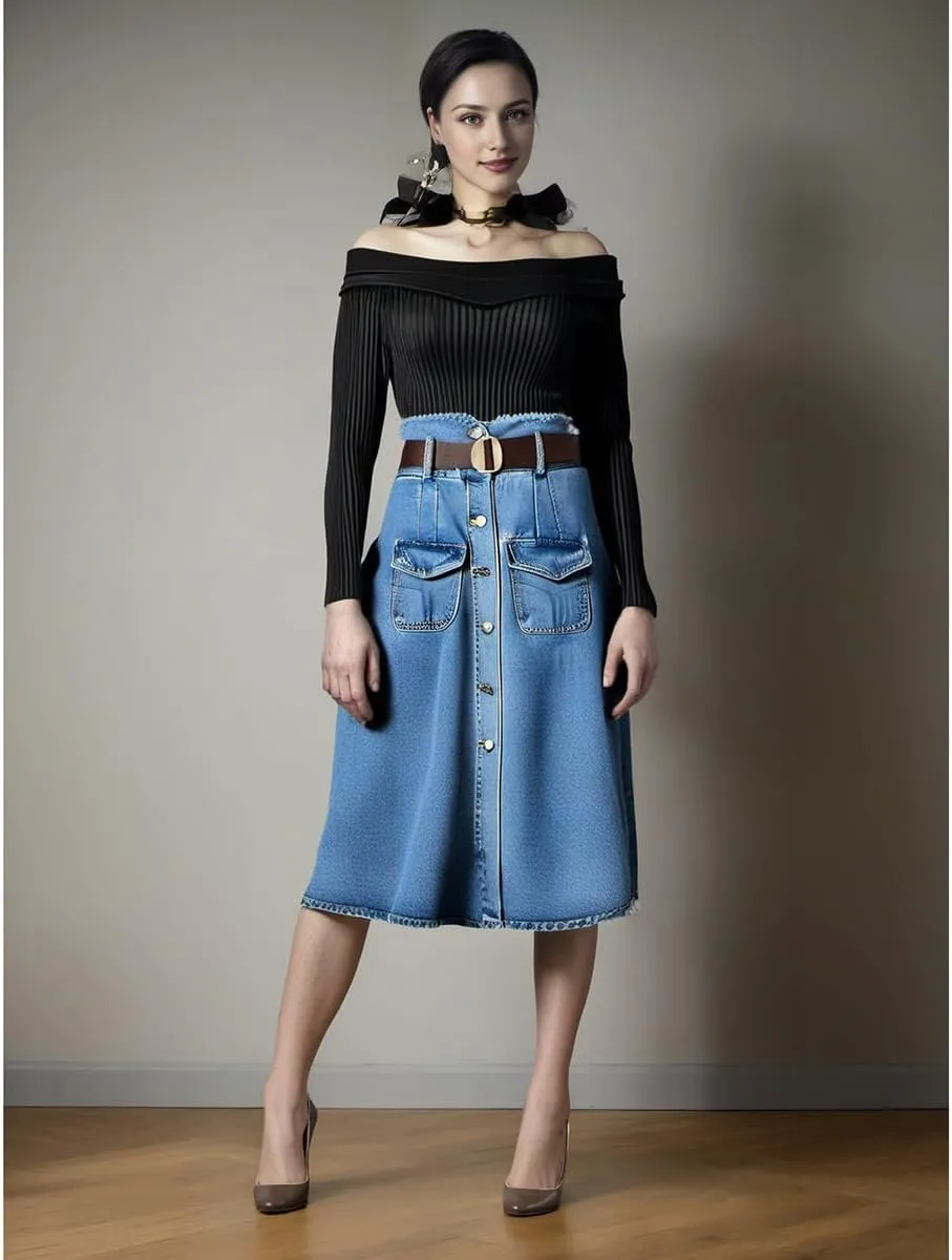 Denim Skirt, Fashionable high Waisted, Age reducing Goddess Slim fit, Medium Length, Free Belt