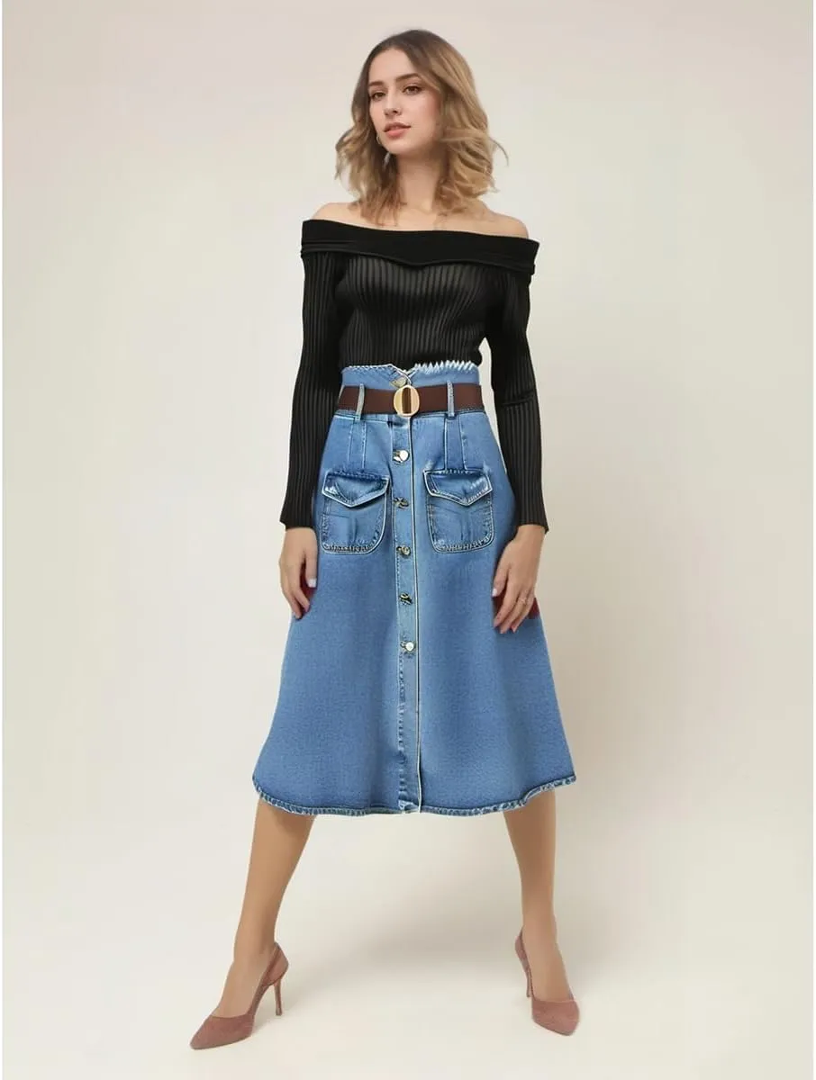 Denim Skirt, Fashionable high Waisted, Age reducing Goddess Slim fit, Medium Length, Free Belt