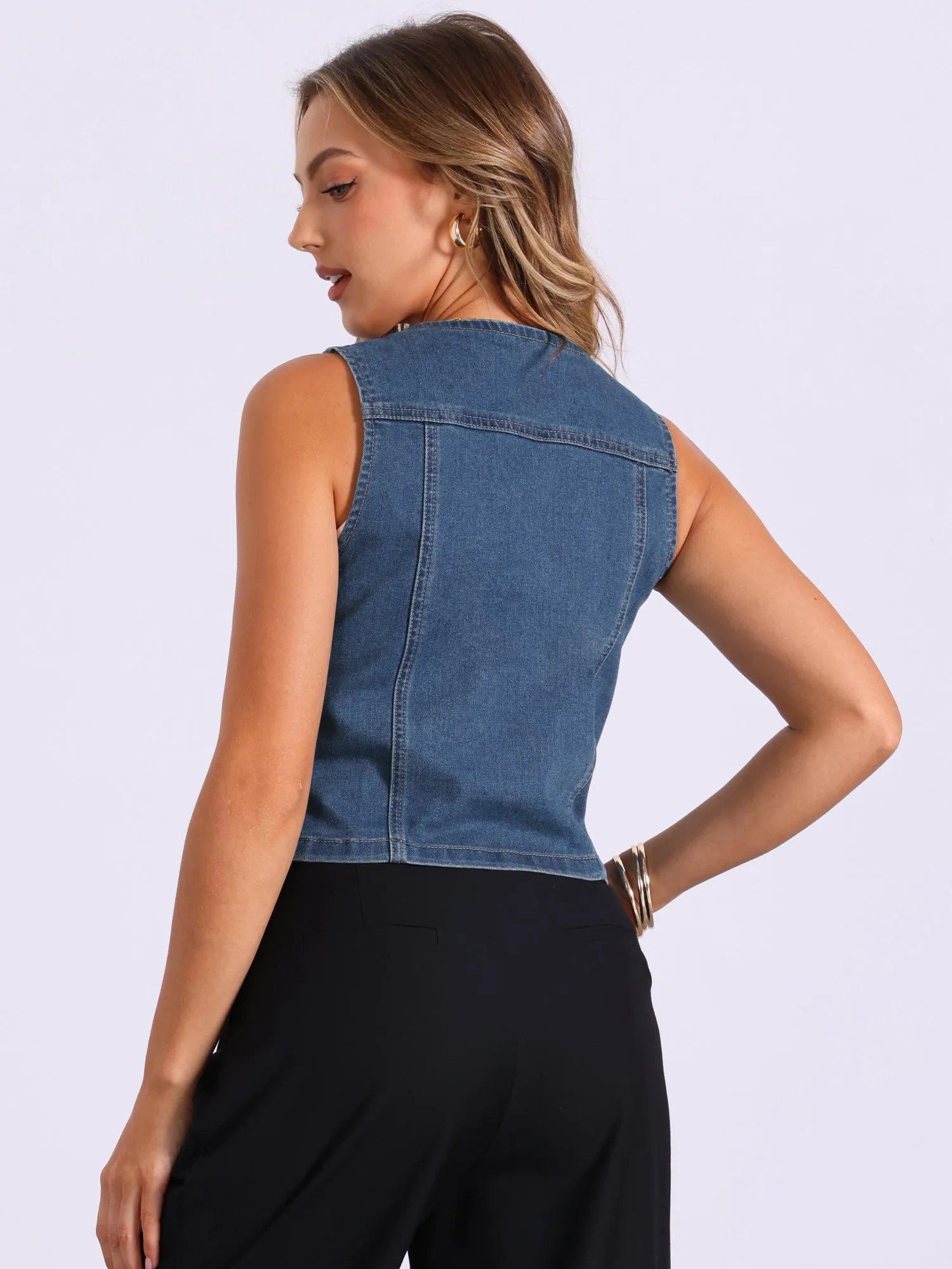 Denim Sleeveless V Neck Button Down Jean Vest