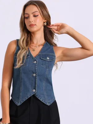 Denim Sleeveless V Neck Button Down Jean Vest